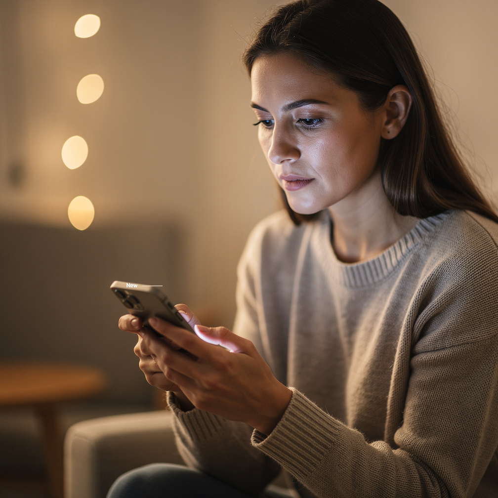 Woman thoughtfully looking at a smartphone screen in soft evening light