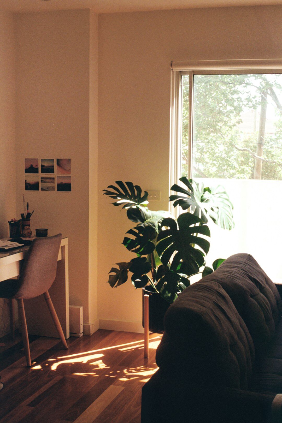 Minimalist study room interior with desk and warm light